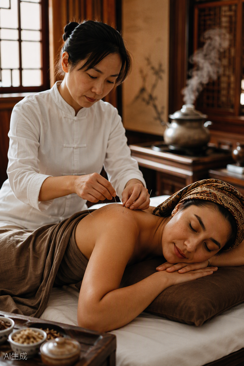 Traditional Chinese medicine rehabilitation session in a warm clinic